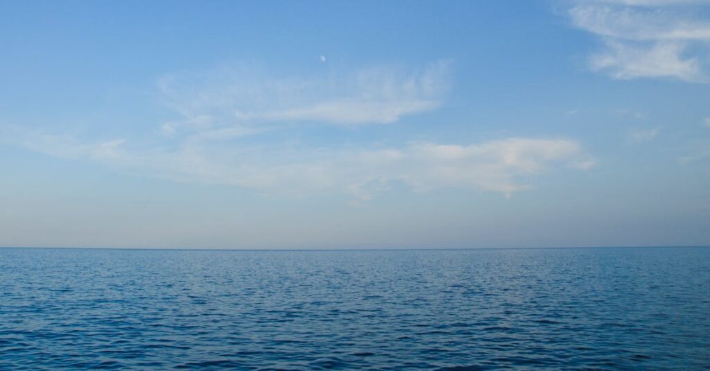 Calm ocean view with clear blue sky, perfect for backgrounds or wallpapers.